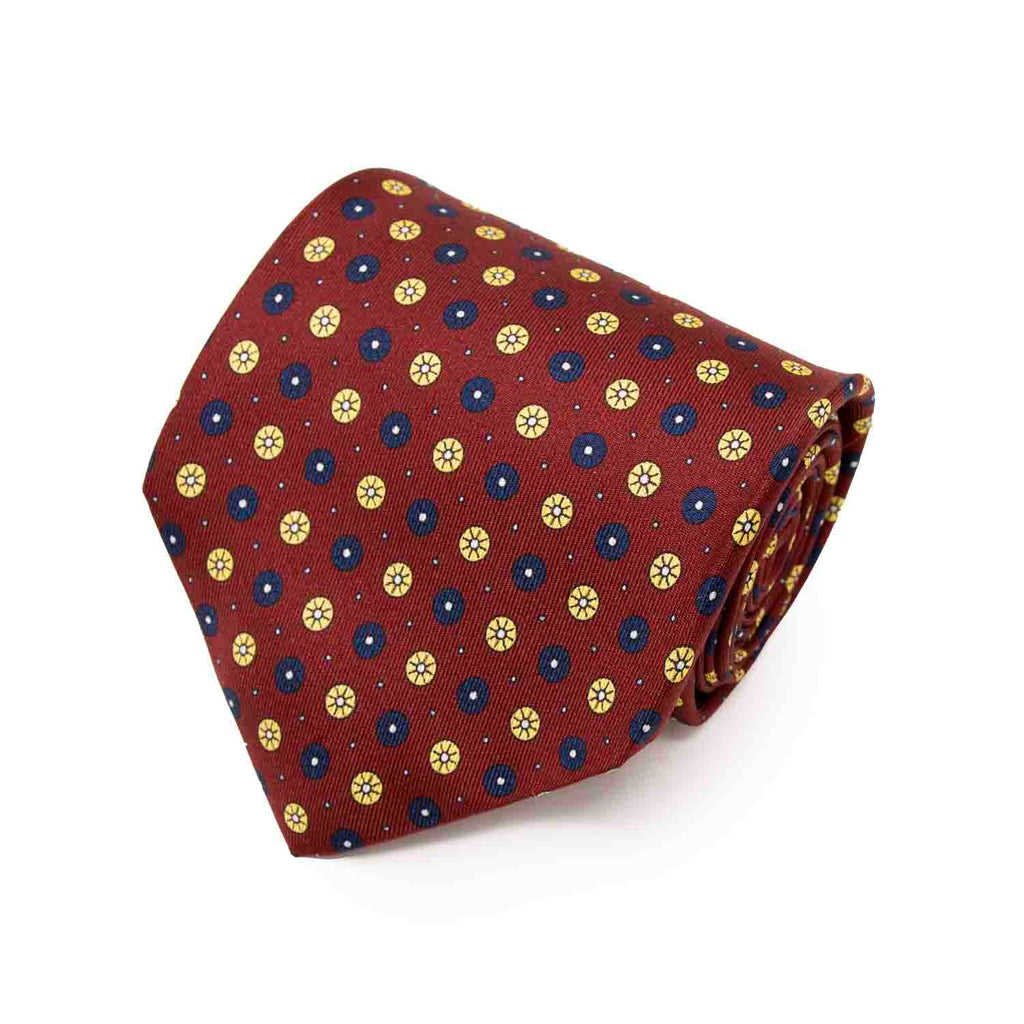 Burgundy with Yellow & Navy Small Circles Pattern Silk Tie Serà Fine Silk