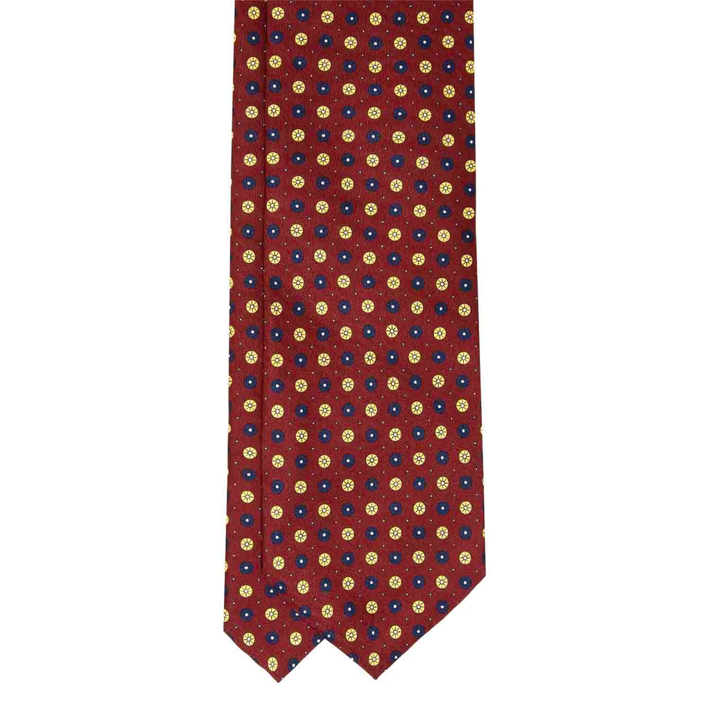 Burgundy with Yellow & Navy Small Circles Pattern Silk Tie Serà Fine Silk