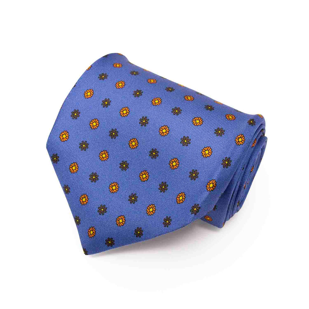 Light Blue with Orange & Havana Small Flowers Silk Tie Serà Fine Silk