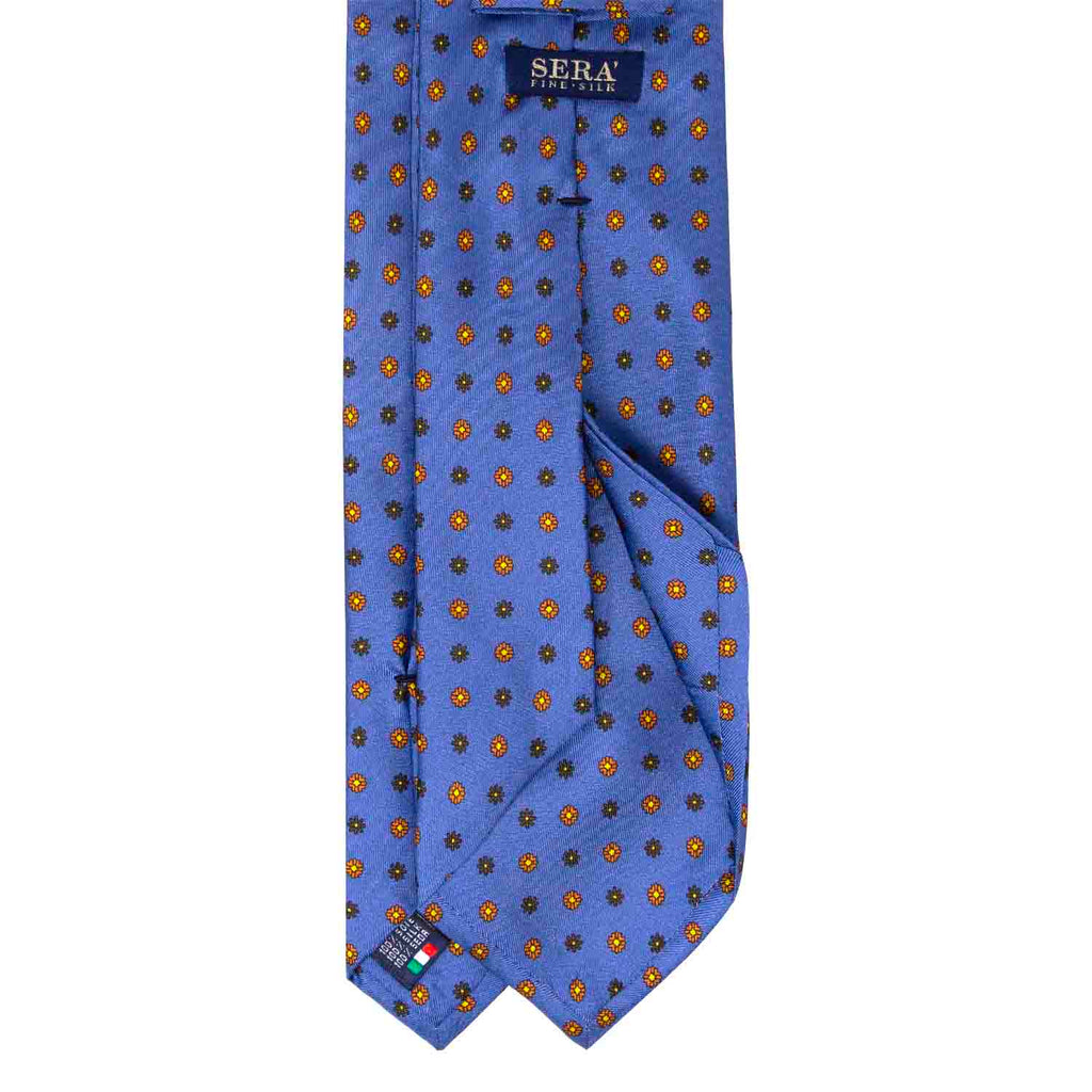 Light Blue with Orange & Havana Small Flowers Silk Tie Serà Fine Silk