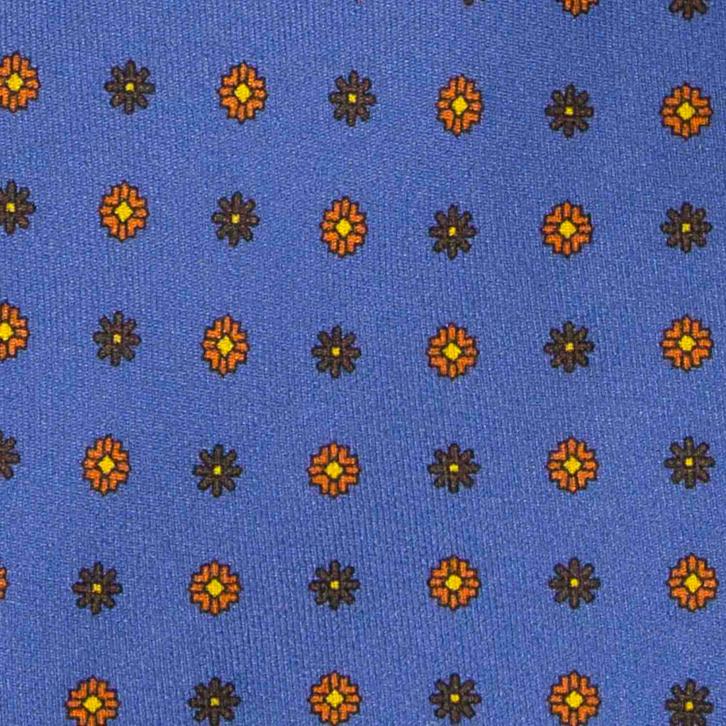 Light Blue with Orange & Havana Small Flowers Silk Tie Serà Fine Silk
