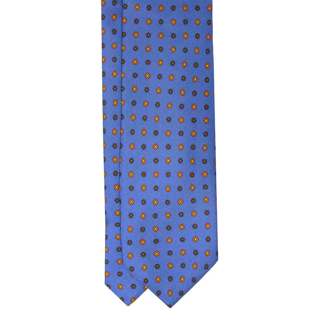 Light Blue with Orange & Havana Small Flowers Silk Tie Serà Fine Silk