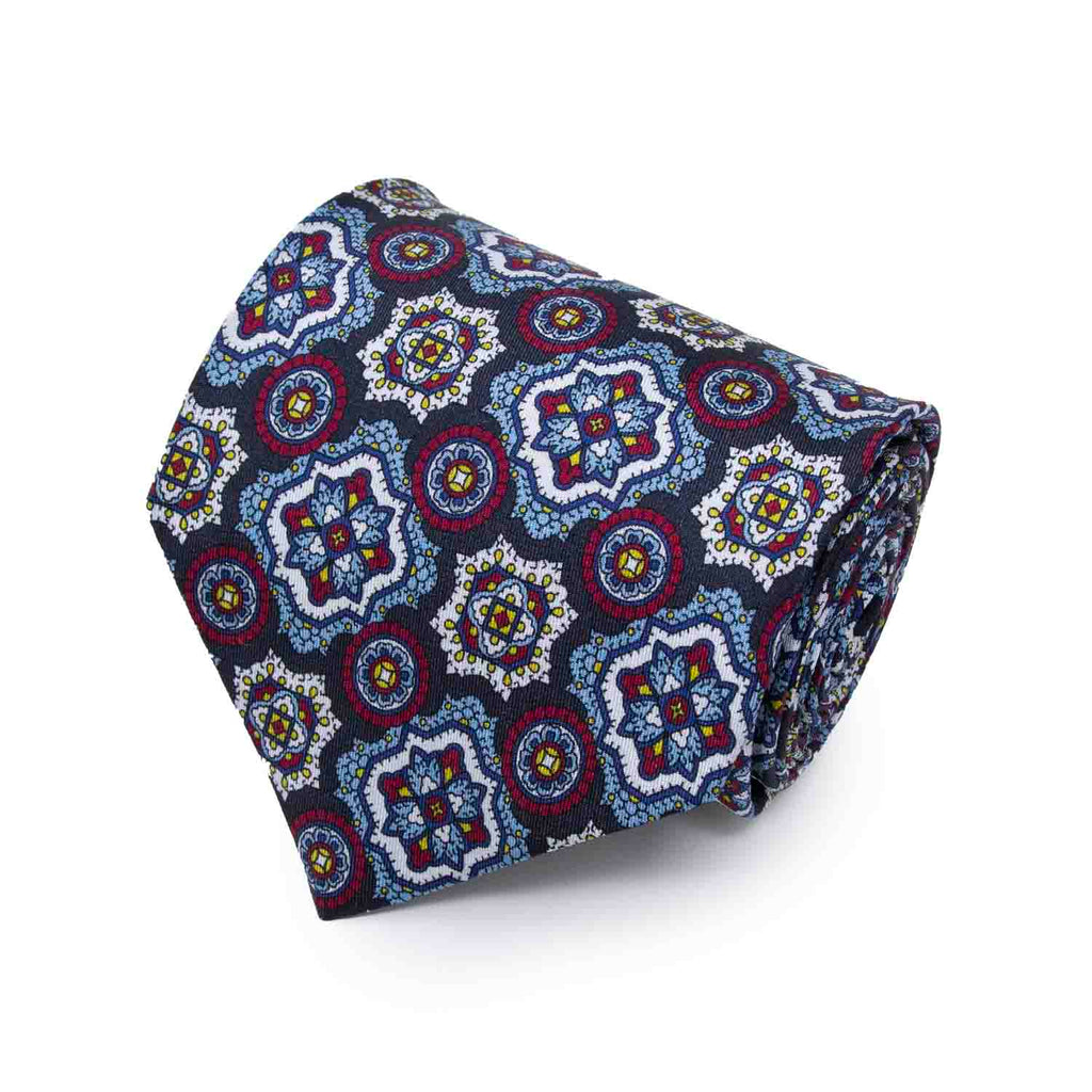 Dark Grey, Light Blue and Burgundy Medallions Silk Tie Serà Fine Silk