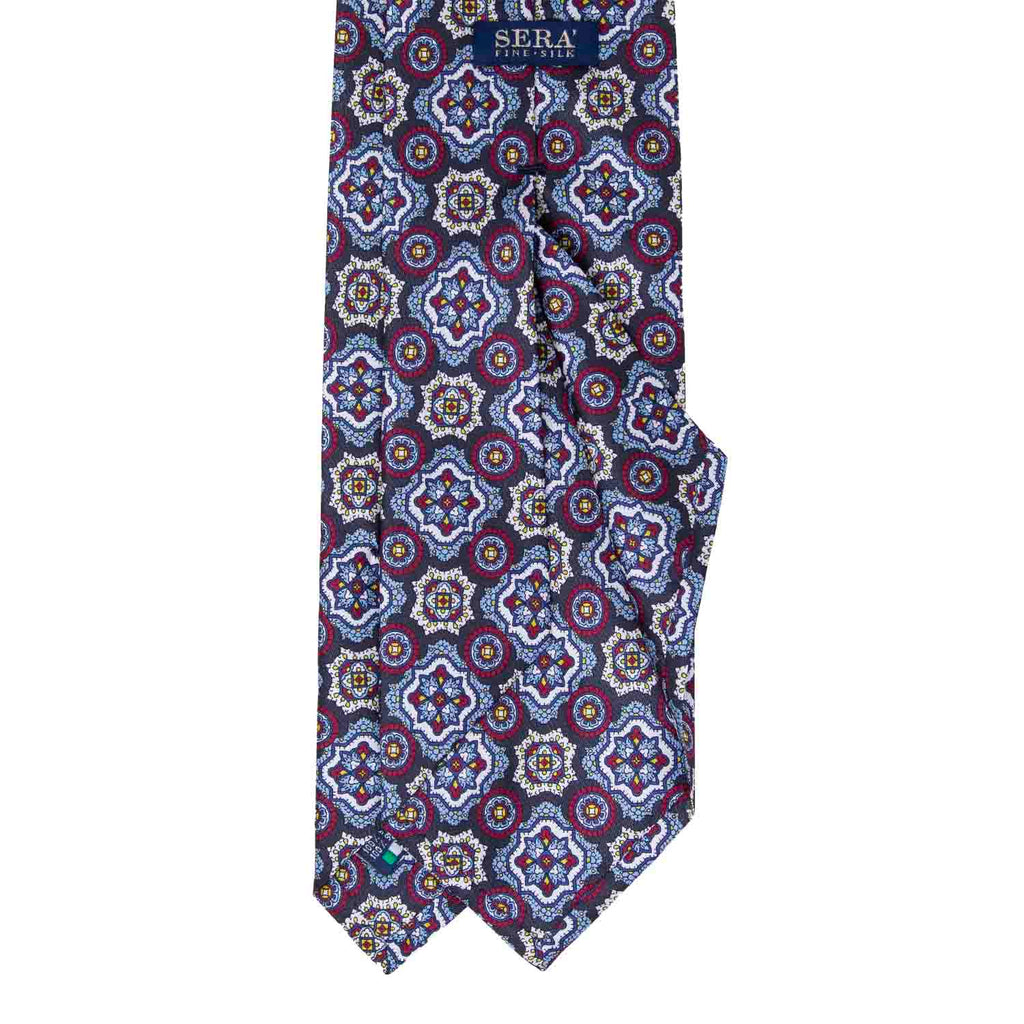 Dark Grey, Light Blue and Burgundy Medallions Silk Tie Serà Fine Silk