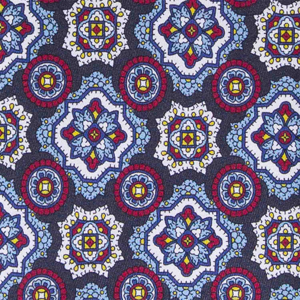 Dark Grey, Light Blue and Burgundy Medallions Silk Tie Serà Fine Silk
