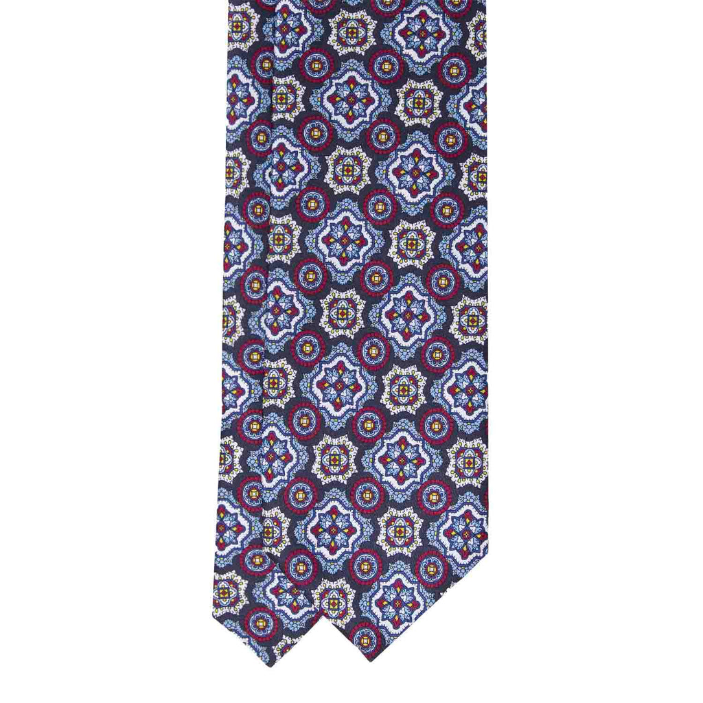 Dark Grey, Light Blue and Burgundy Medallions Silk Tie Serà Fine Silk