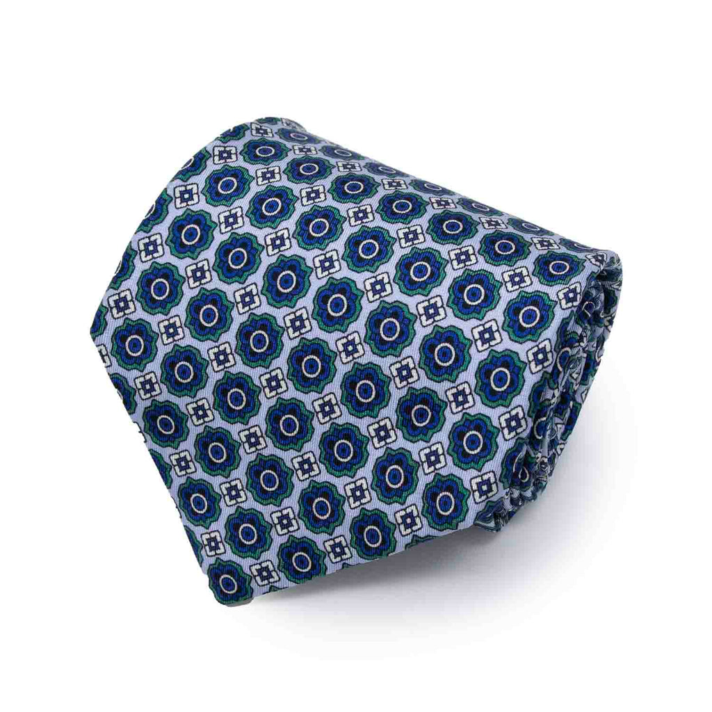 Light Blue with Navy and Green Pattern Silk Tie Serà Fine Silk