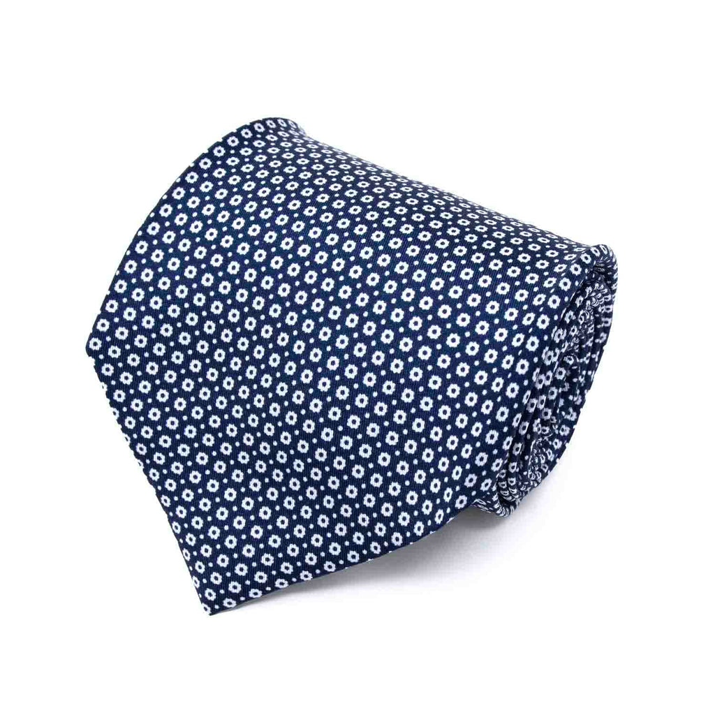 Navy Blue with Small White Flowers Silk Tie Serà Fine Silk