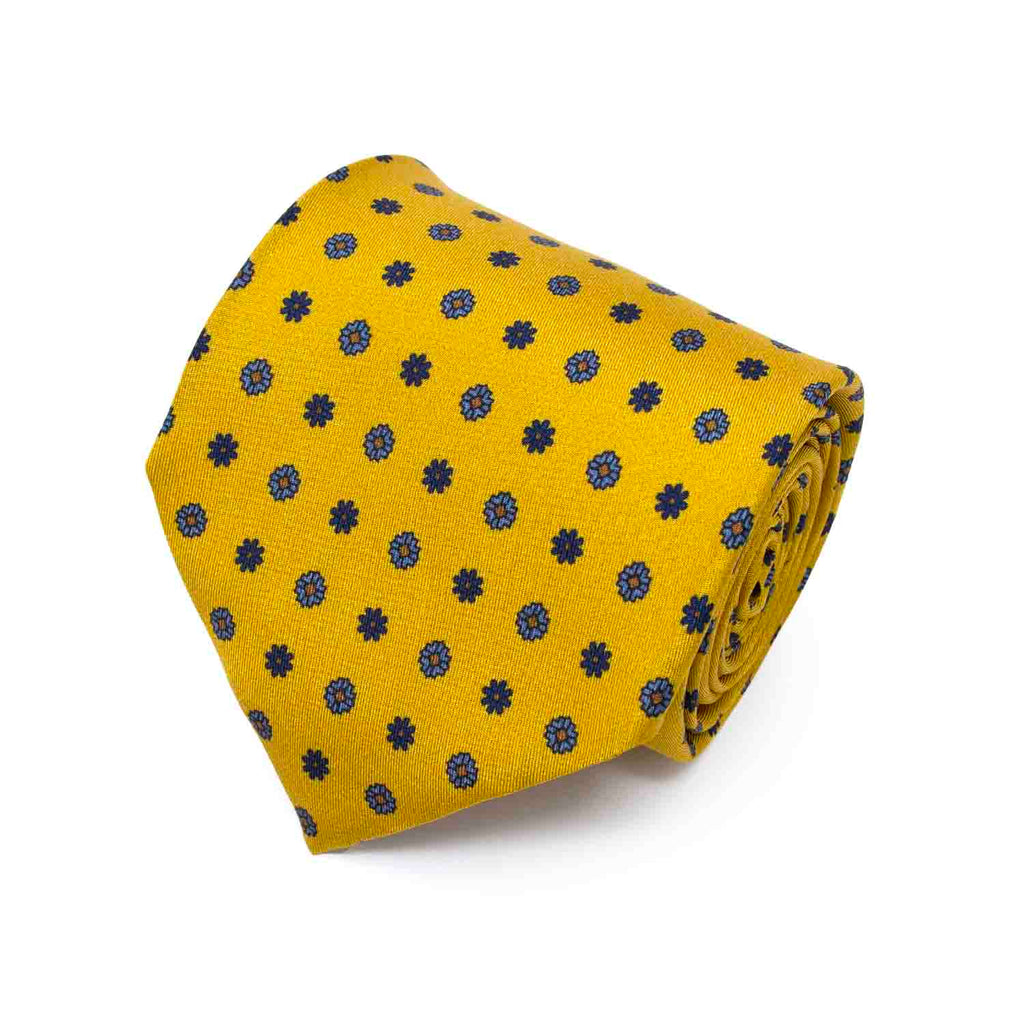 Yellow with Navy Small Flowers Silk Tie Serà Fine Silk