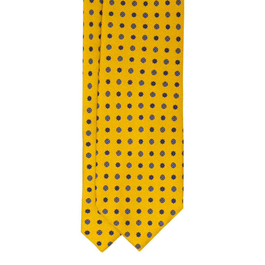 Yellow with Navy Small Flowers Silk Tie Serà Fine Silk