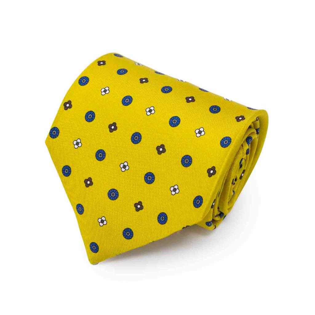 Yellow and Navy Small Pattern Silk Tie Serà Fine Silk