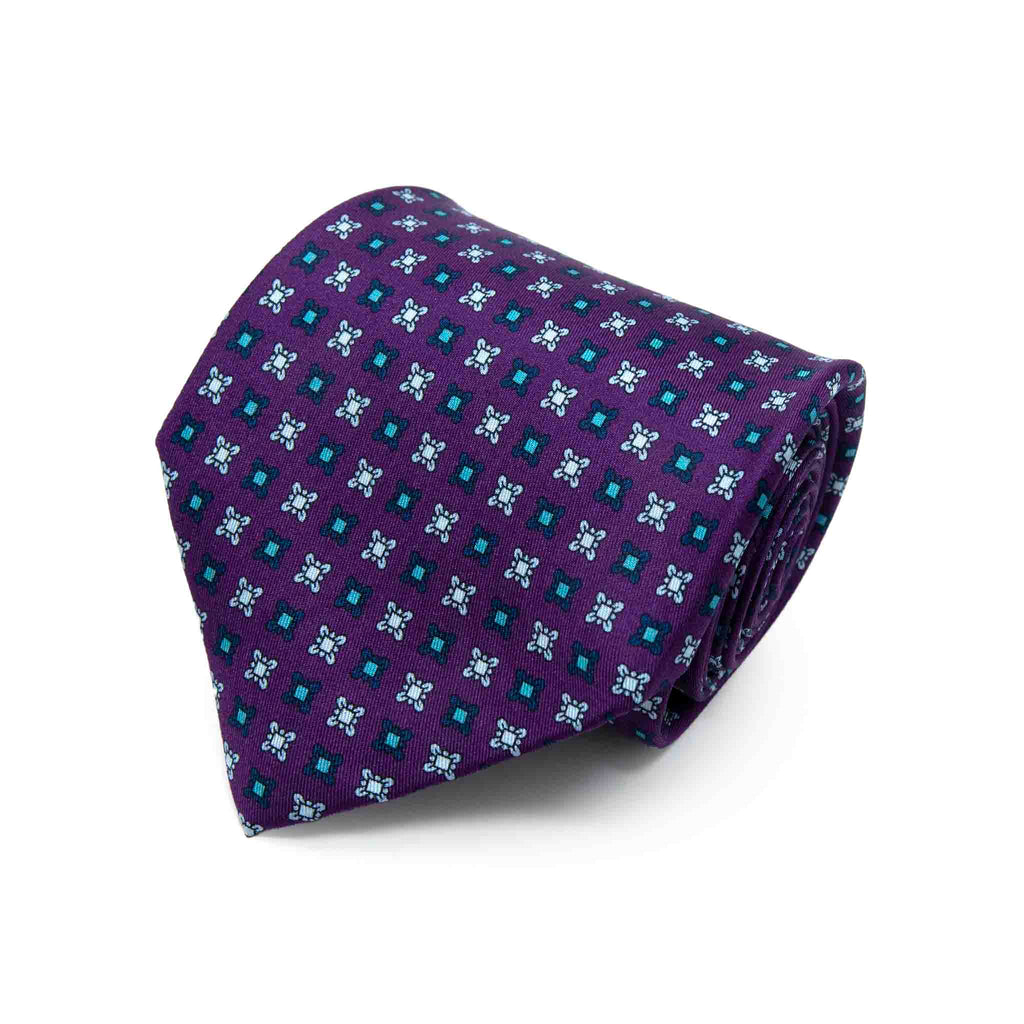 Purple With Blue Square Flowers Silk Tie Sera Fine Silk