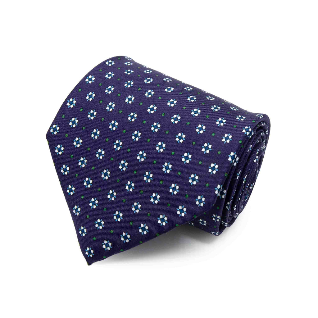 Purple With White Square Flowers Silk Tie Sera Fine Silk