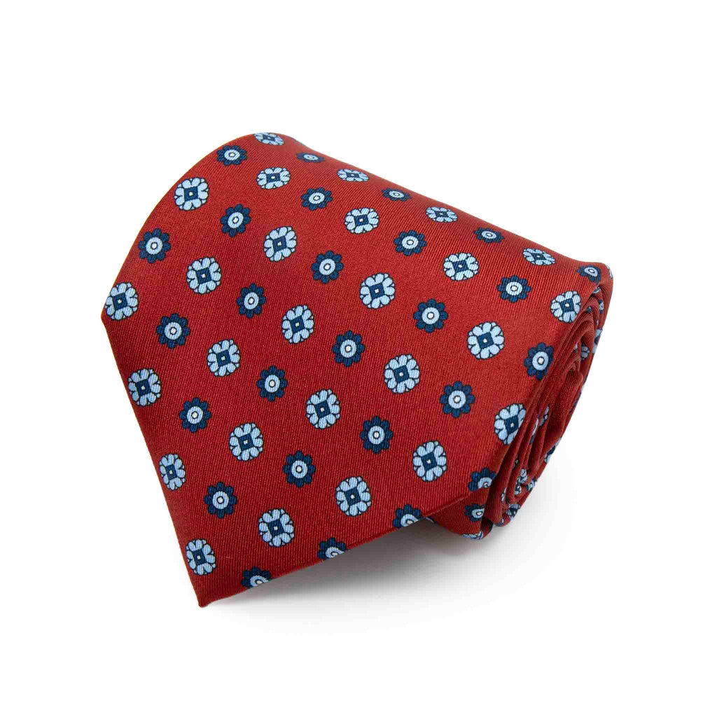 Red With Light And Dark Blue Flowers Silk Tie Sera Fine Silk