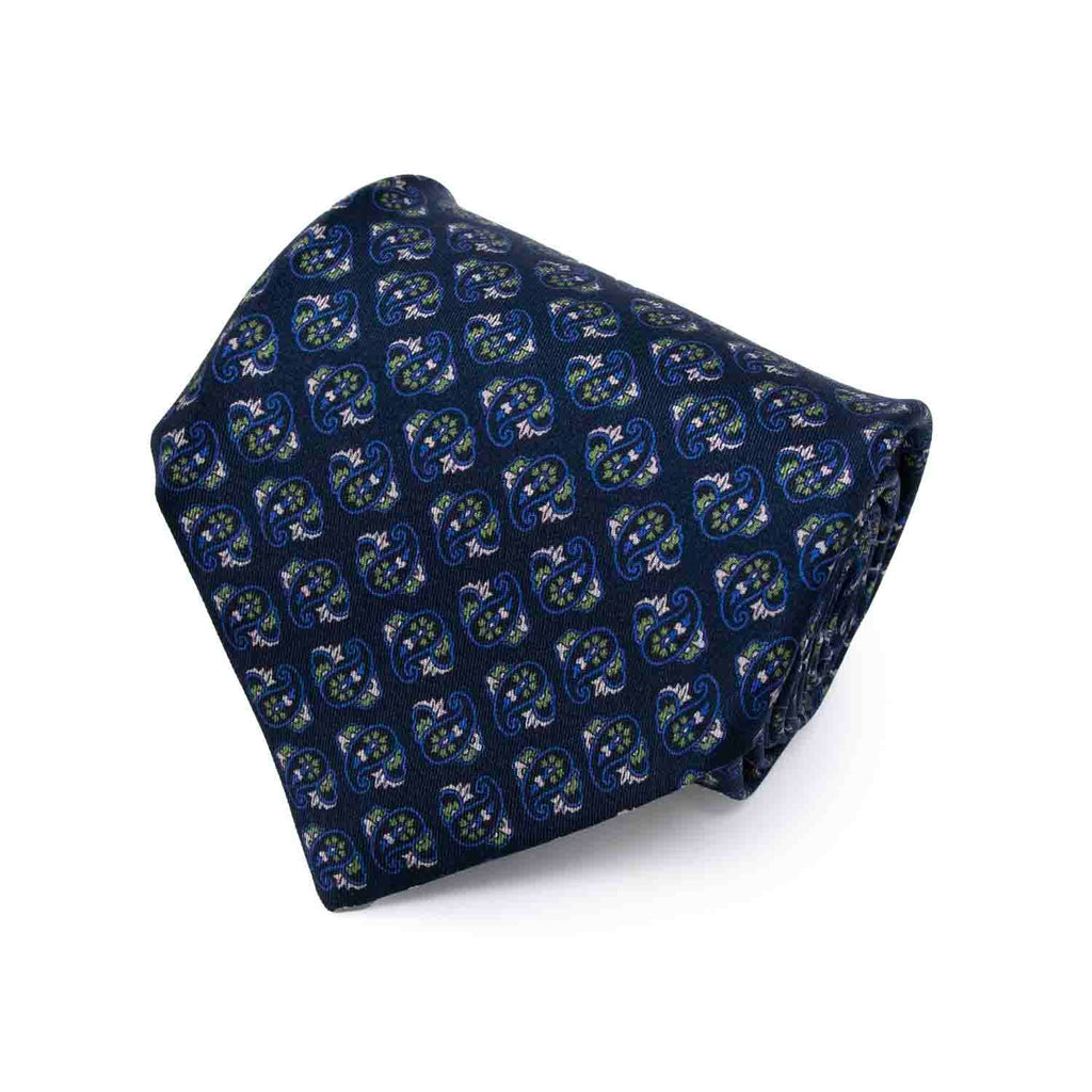 Navy Blue & Green Paisley Silk Tie Serà Fine Silk