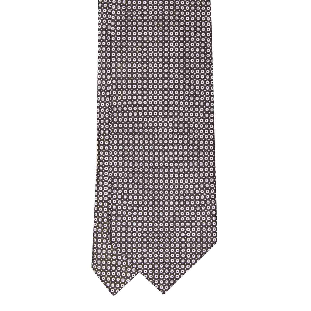 Brown with Small White Flowers Silk Tie Serà Fine Silk