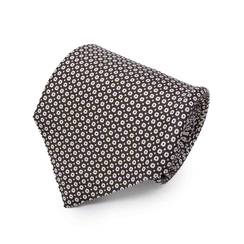Brown with Small White Flowers Silk Tie Serà Fine Silk