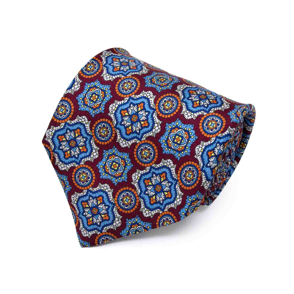 Burgundy with Light Blue Medallions Silk Tie Serà Fine Silk