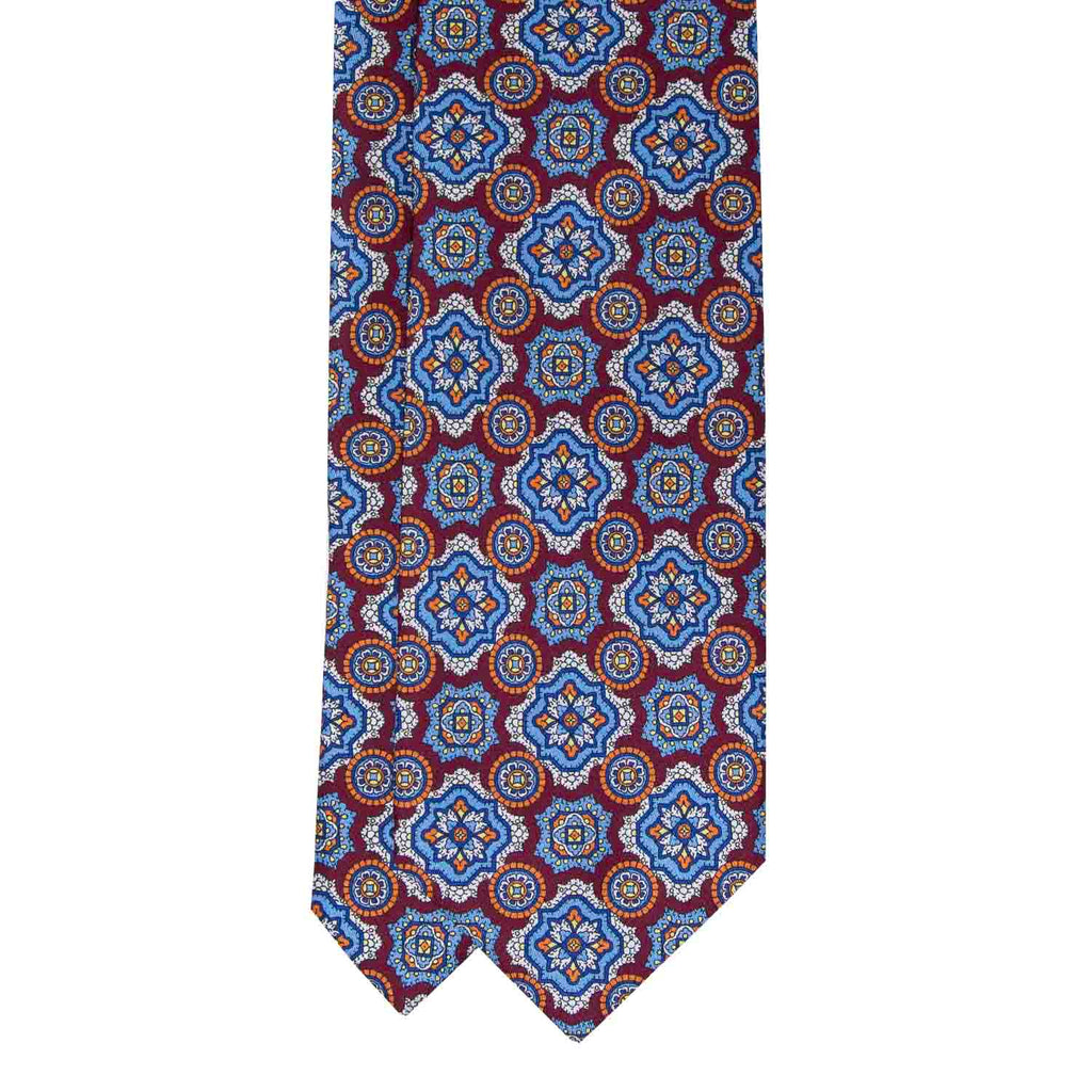 Burgundy with Light Blue Medallions Silk Tie Serà Fine Silk