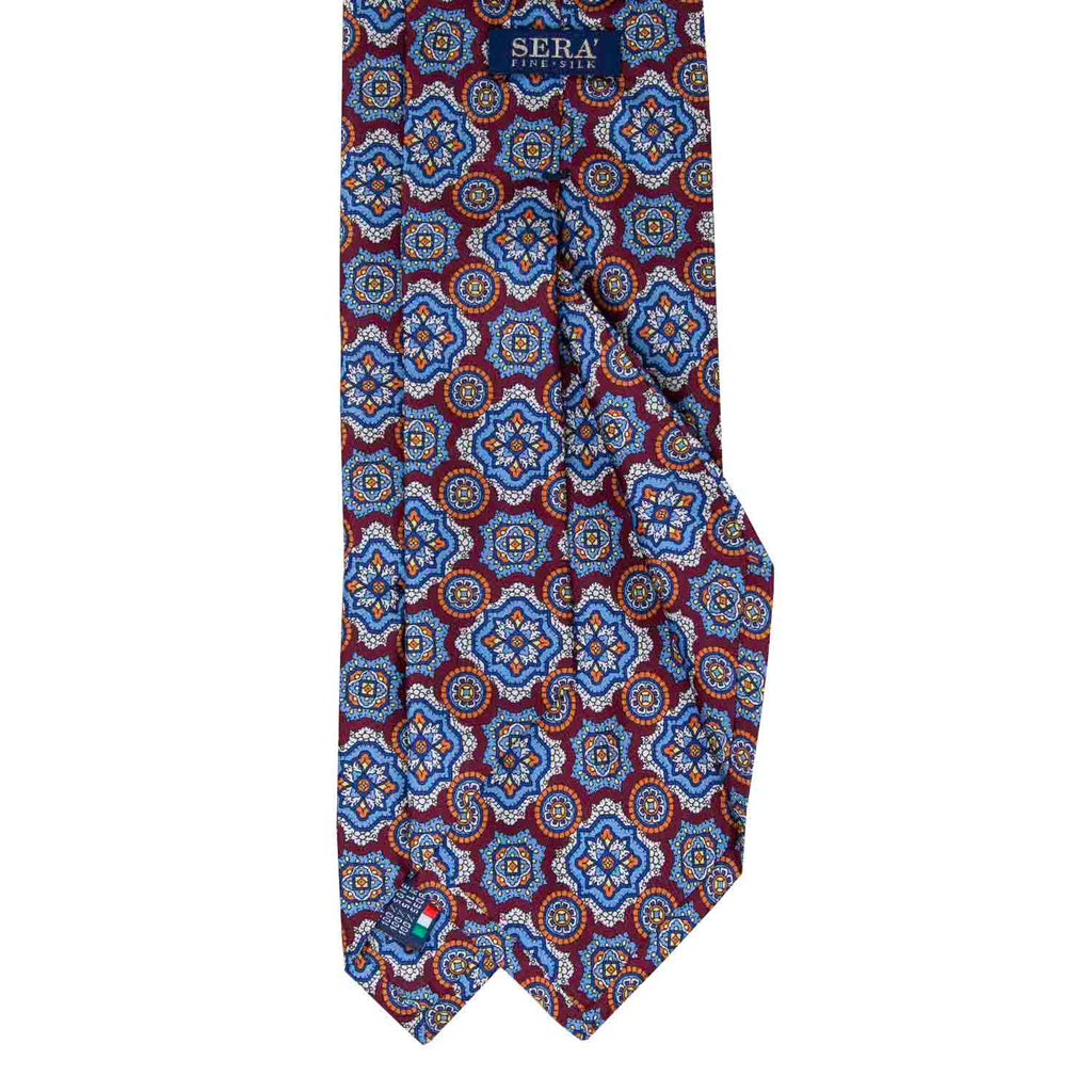 Burgundy with Light Blue Medallions Silk Tie Serà Fine Silk