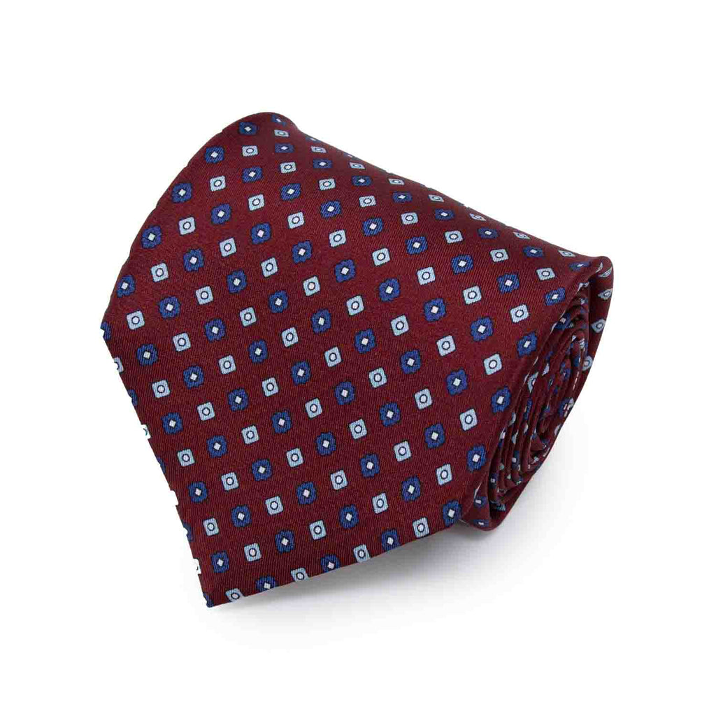 Burgundy with Light Blue Square Flowers Silk Tie Serà Fine Silk