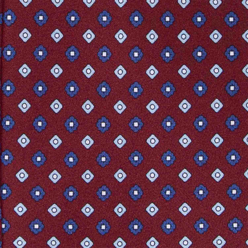 Burgundy with Light Blue Square Flowers Silk Tie Serà Fine Silk