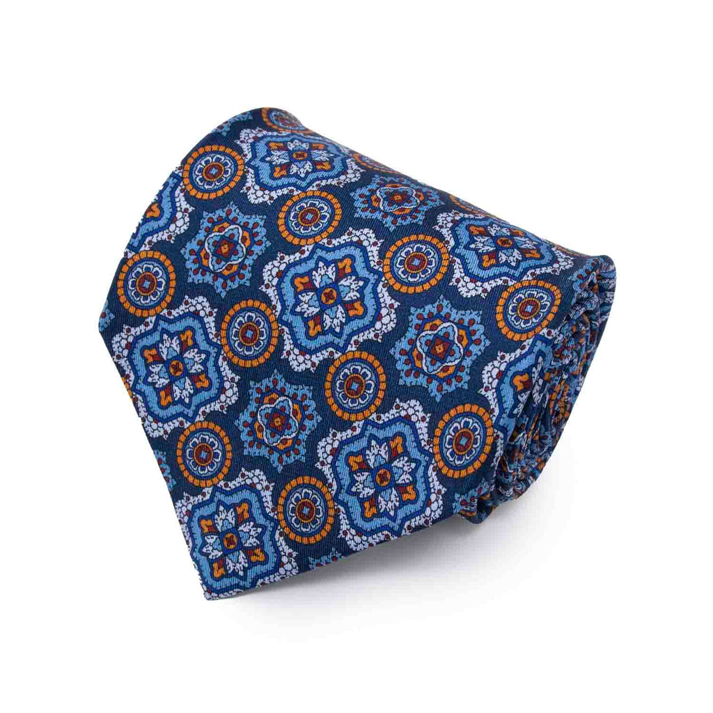 Blue with Light Blue and Orange Medallions Silk Tie Serà Fine Silk