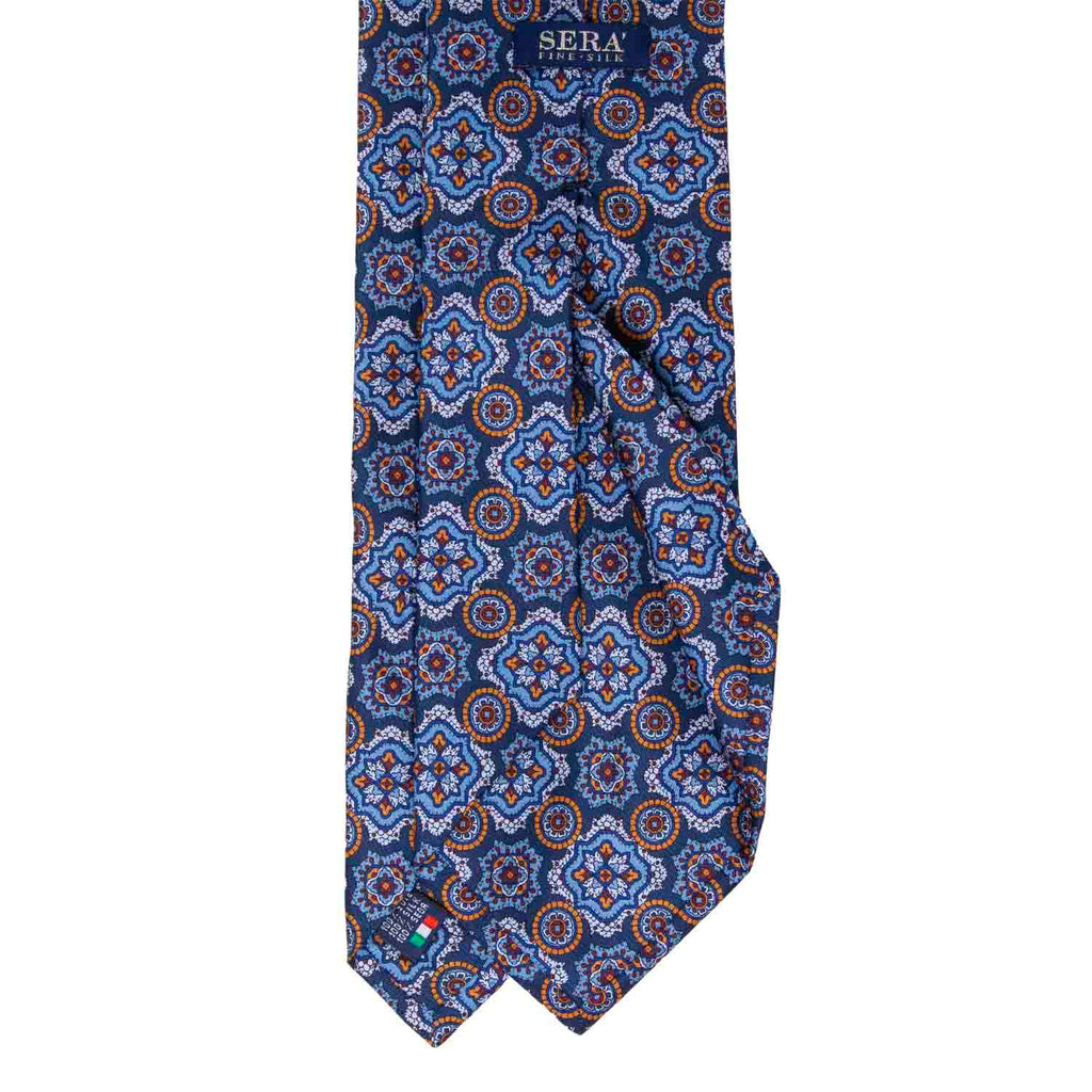 Blue with Light Blue and Orange Medallions Silk Tie Serà Fine Silk