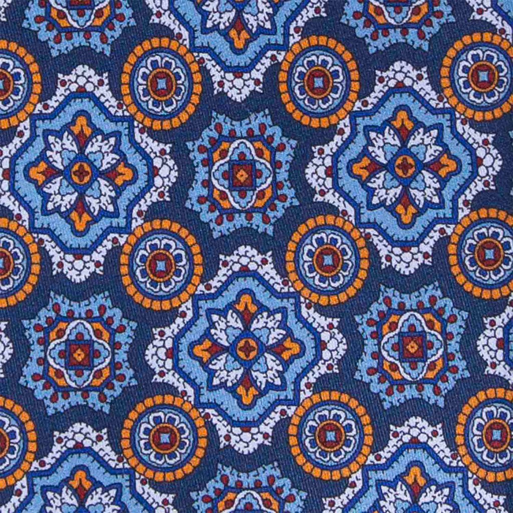 Blue with Light Blue and Orange Medallions Silk Tie Serà Fine Silk