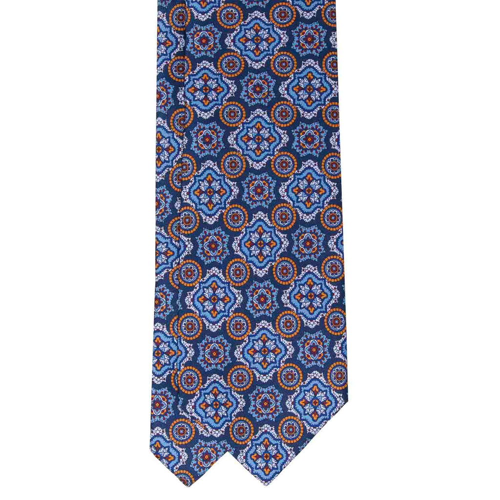 Blue with Light Blue and Orange Medallions Silk Tie Serà Fine Silk