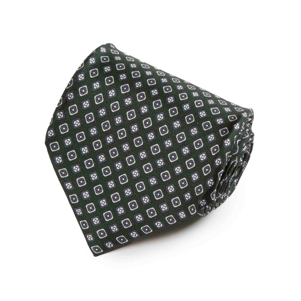 Green with Light Blue Round Squares Pattern Silk Tie Serà Fine Silk