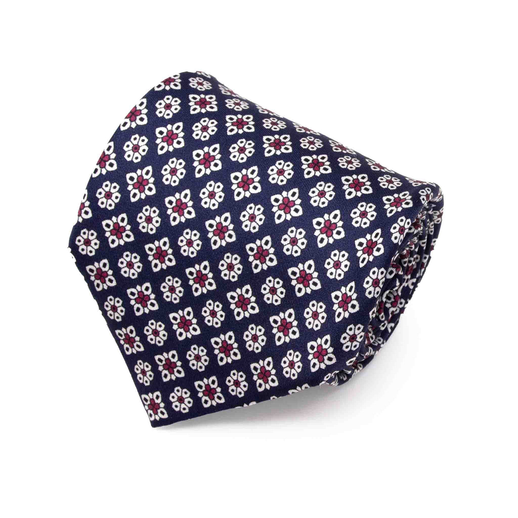 blue with pink flowers patterned silk tie
