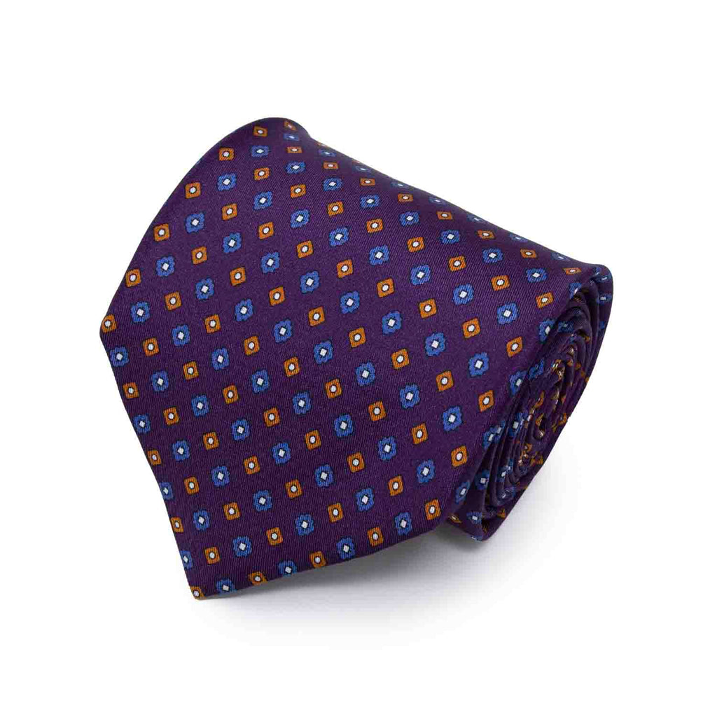 Purple with Orange & Blue Square Flowers Silk Tie Serà Fine Silk