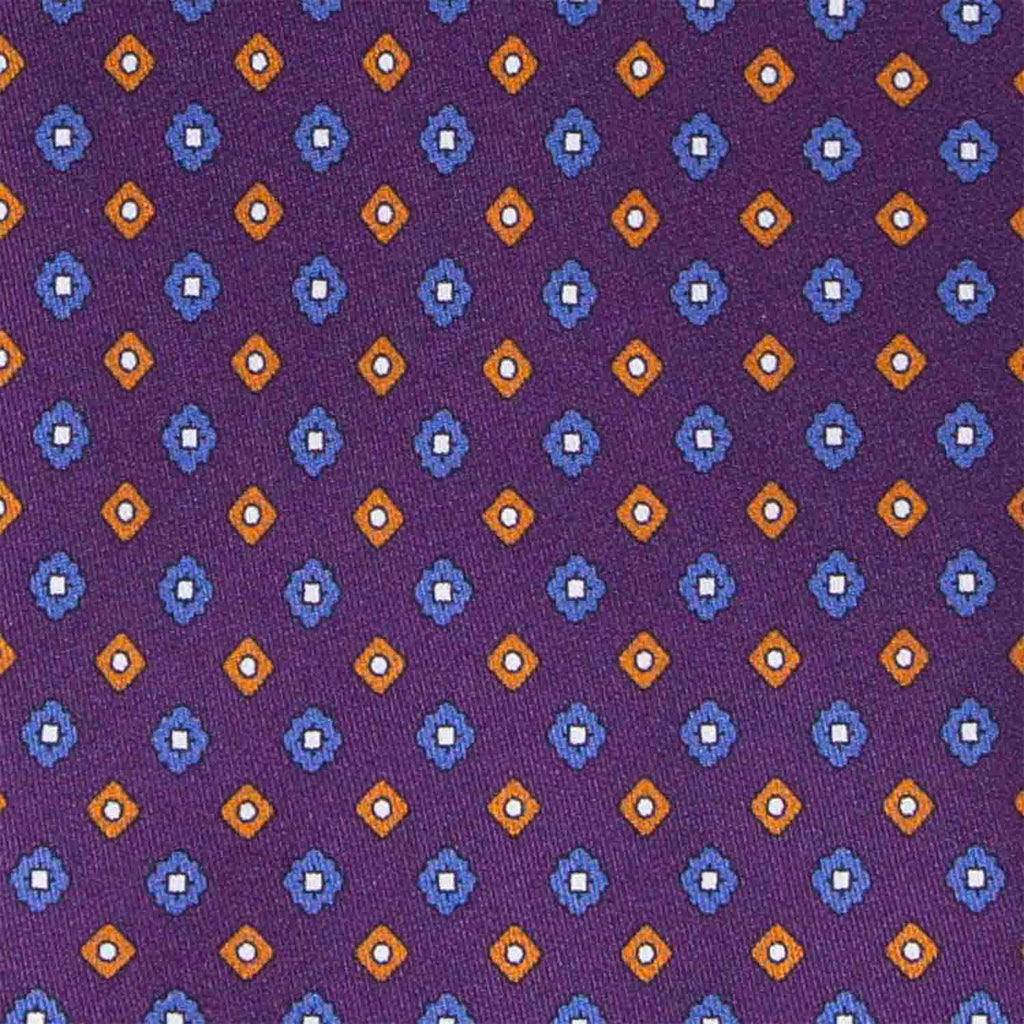 Purple with Orange & Blue Square Flowers Silk Tie Serà Fine Silk