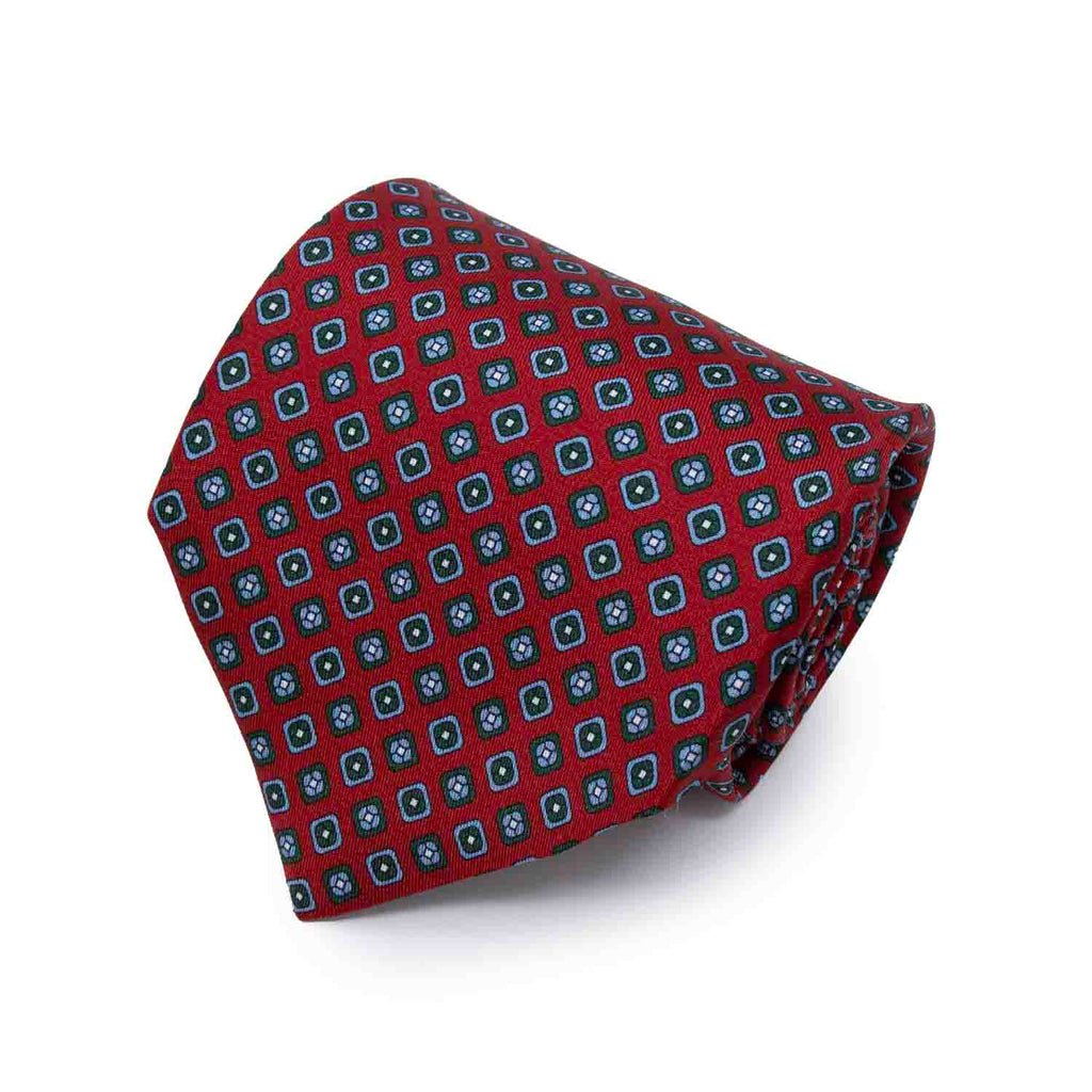 Red with Light Blue Square Pattern Silk Tie Serà Fine Silk