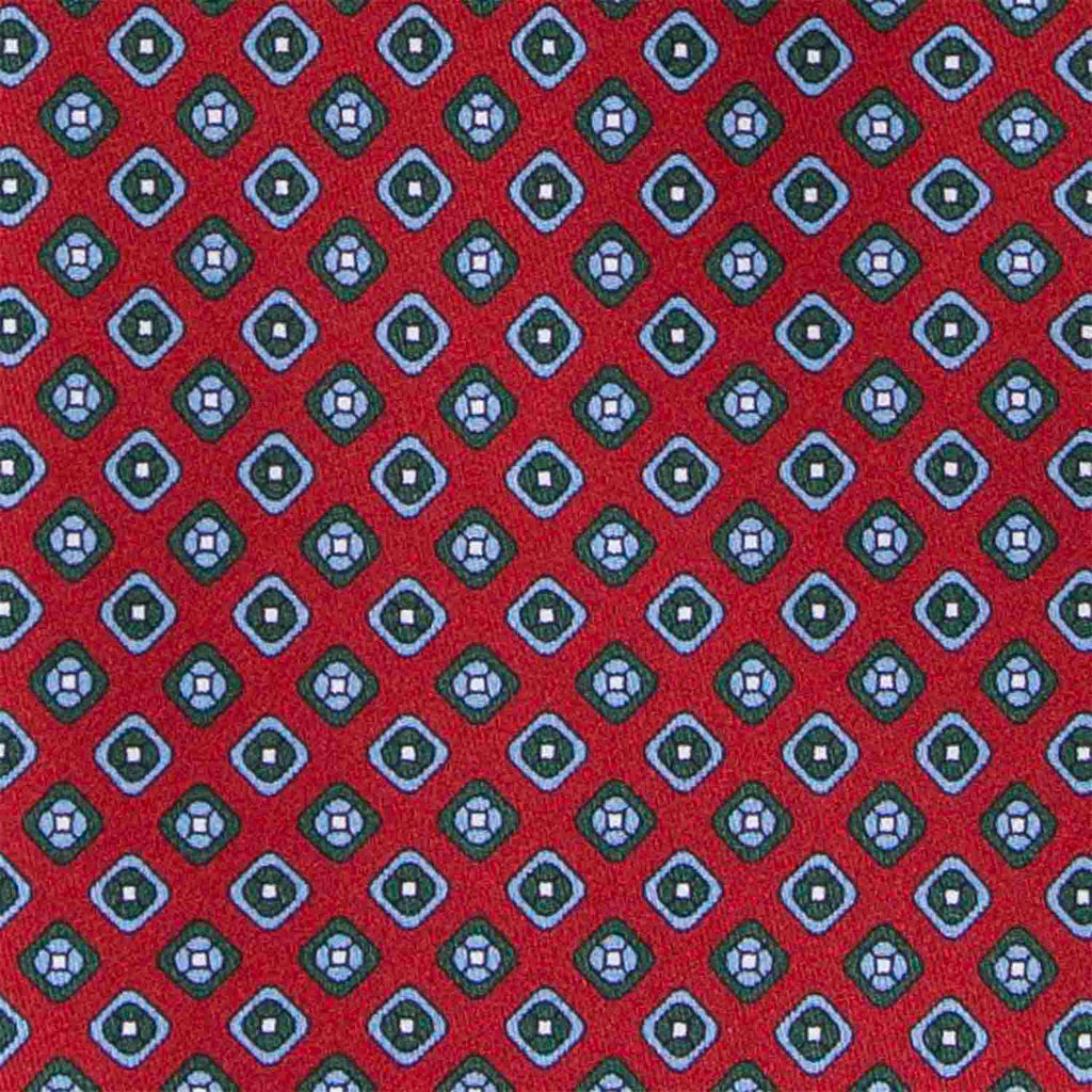 Red with Light Blue Square Pattern Silk Tie Serà Fine Silk