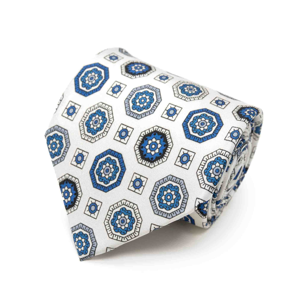 White with Blue Medallions Silk Tie Serà Fine Silk