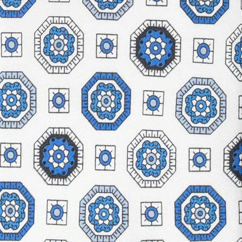 White with Blue Medallions Silk Tie Serà Fine Silk