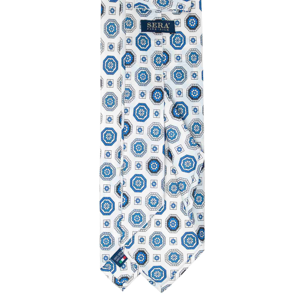 White with Blue Medallions Silk Tie Serà Fine Silk