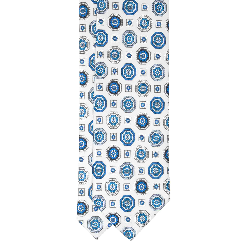 White with Blue Medallions Silk Tie Serà Fine Silk