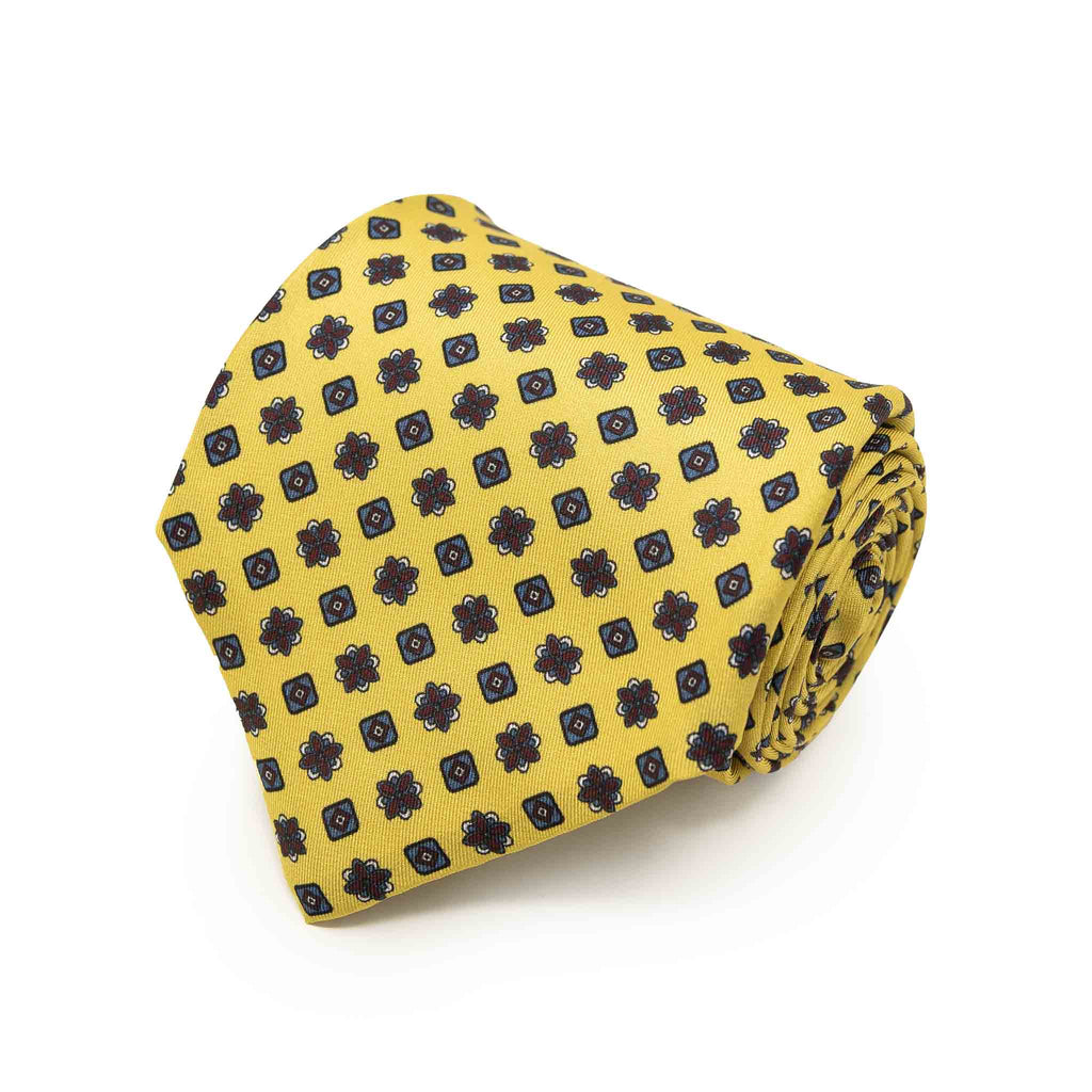 Yellow with Square Flowers Pattern Silk Tie Serà Fine Silk