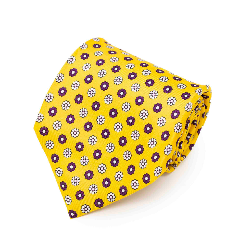 Yellow with Purple & White Flowers Silk Tie Serà Fine Silk