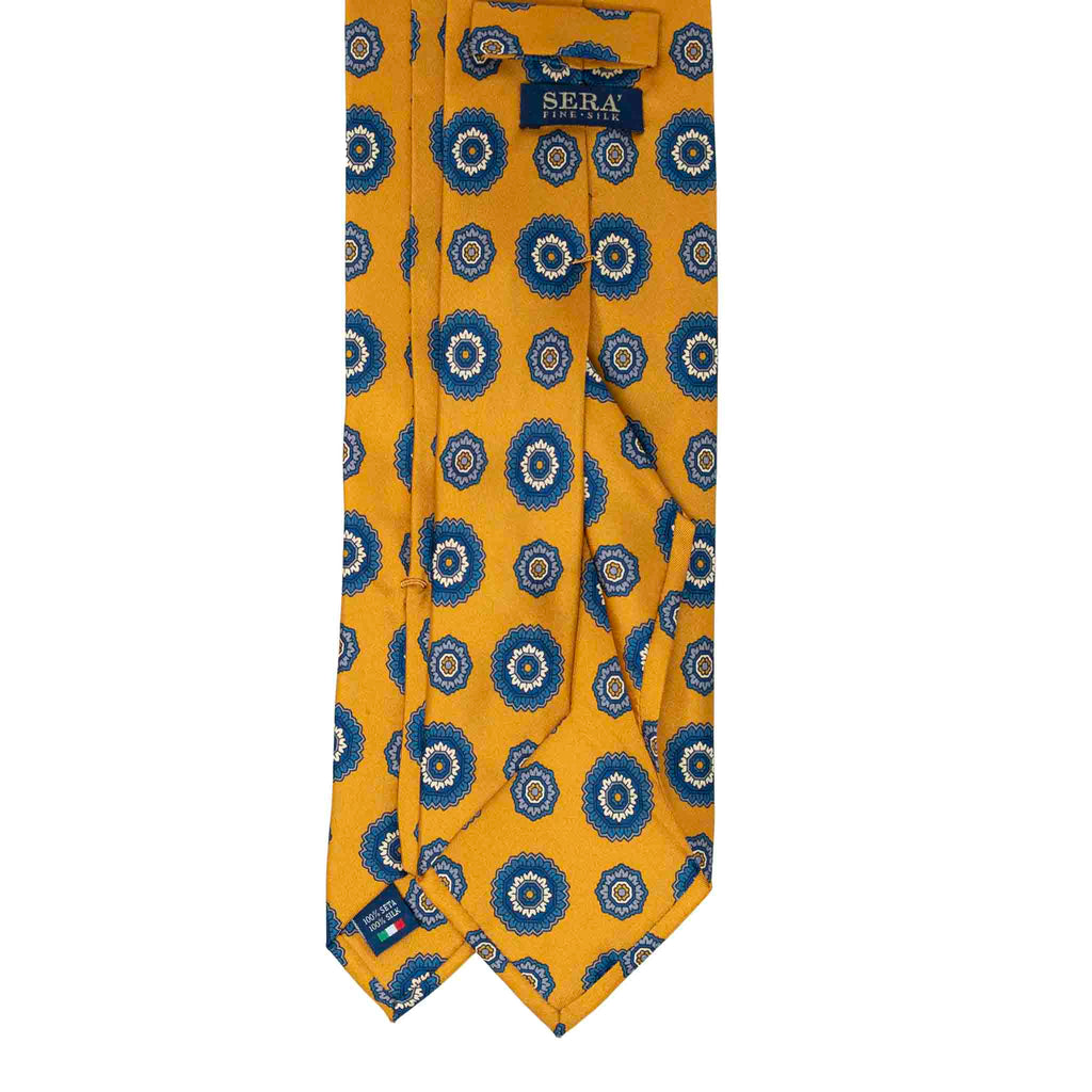 Yellow with Blue Flowers Pattern Silk Tie Serà Fine Silk