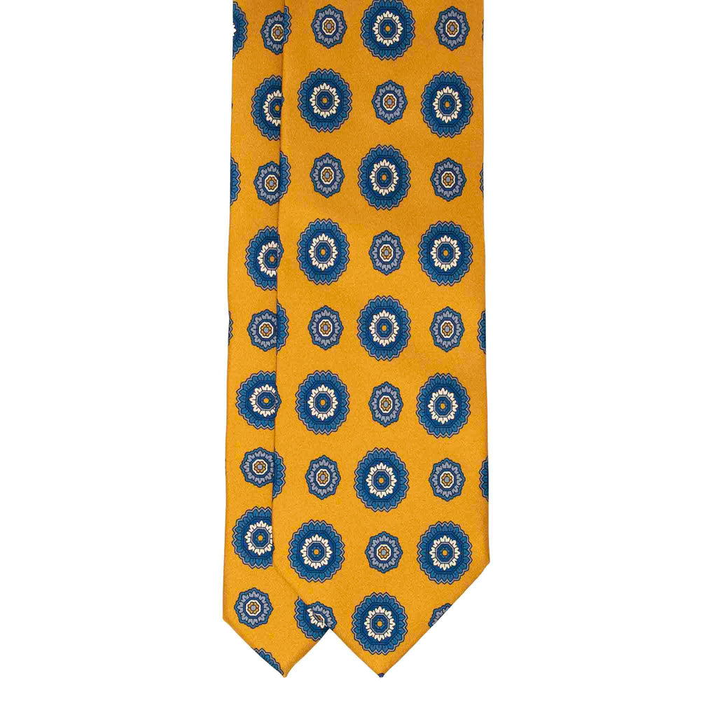 Yellow with Blue Flowers Pattern Silk Tie Serà Fine Silk