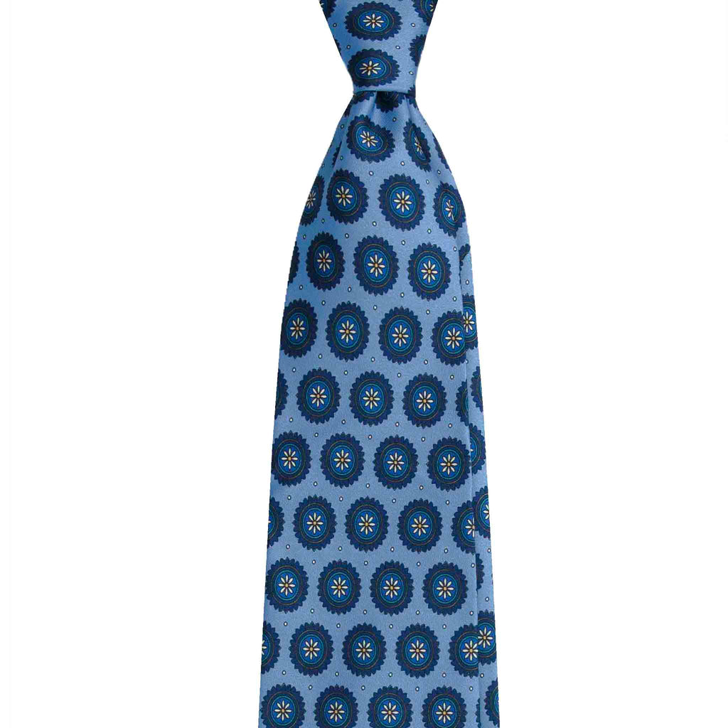 Light Blue Silk Tie with Big Blue Medallions Serà Fine Silk