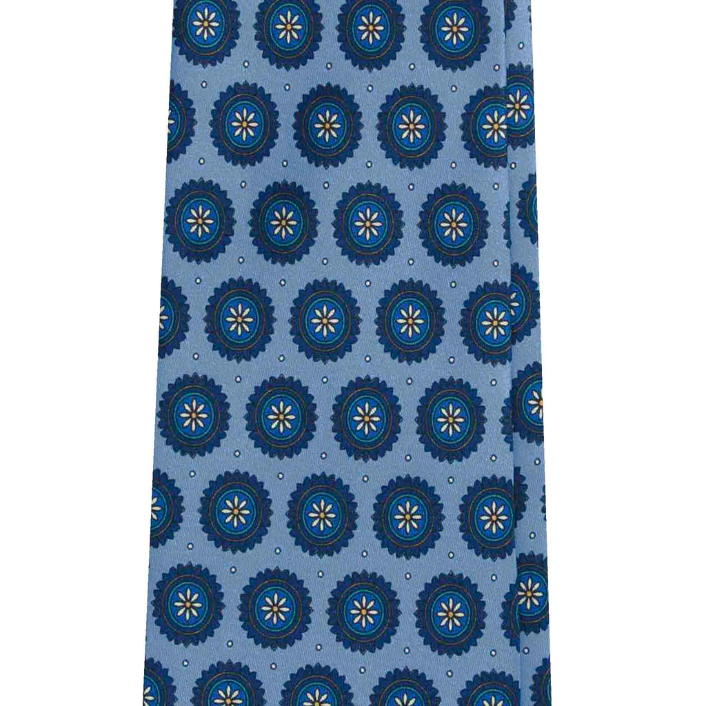 Light Blue Silk Tie with Big Blue Medallions Serà Fine Silk