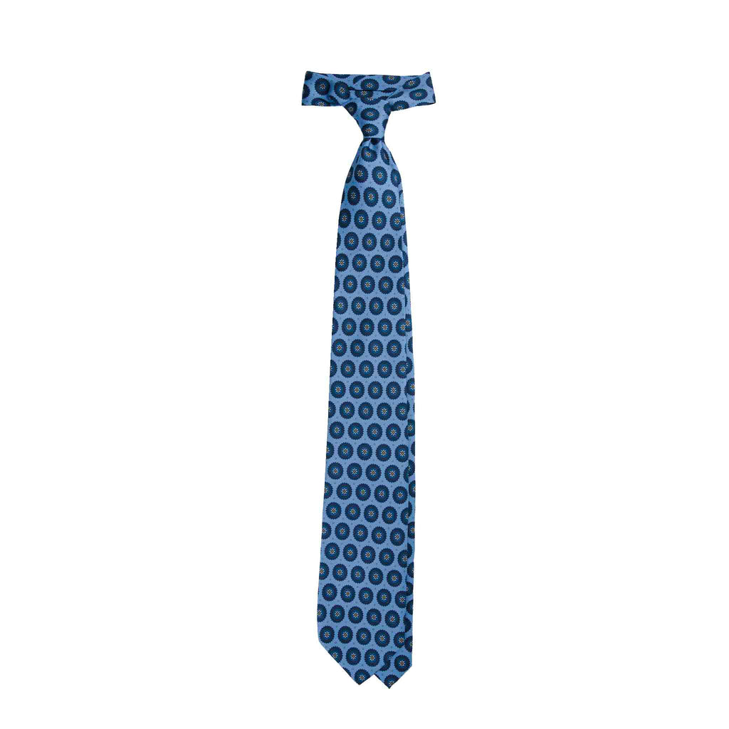 Light Blue Silk Tie with Big Blue Medallions Serà Fine Silk