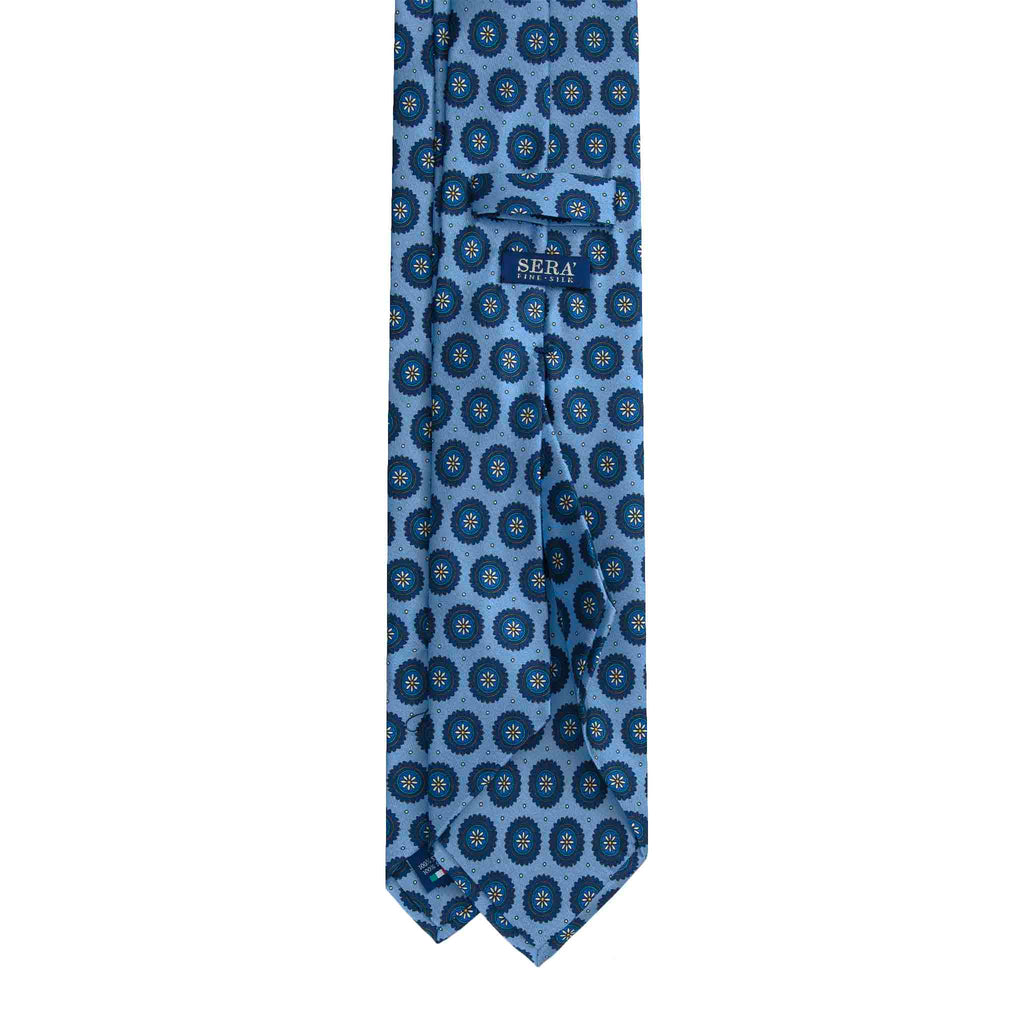 Light Blue Silk Tie with Big Blue Medallions Serà Fine Silk