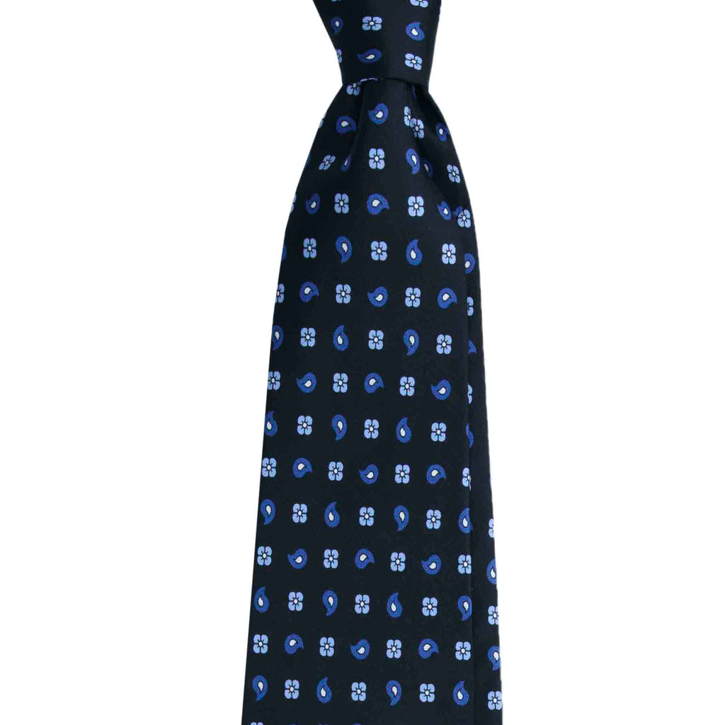 Black Silk Tie with Blue Paisley and Floral Pattern Serà Fine Silk