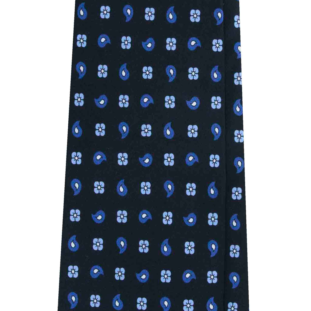 Black Silk Tie with Blue Paisley and Floral Pattern Serà Fine Silk